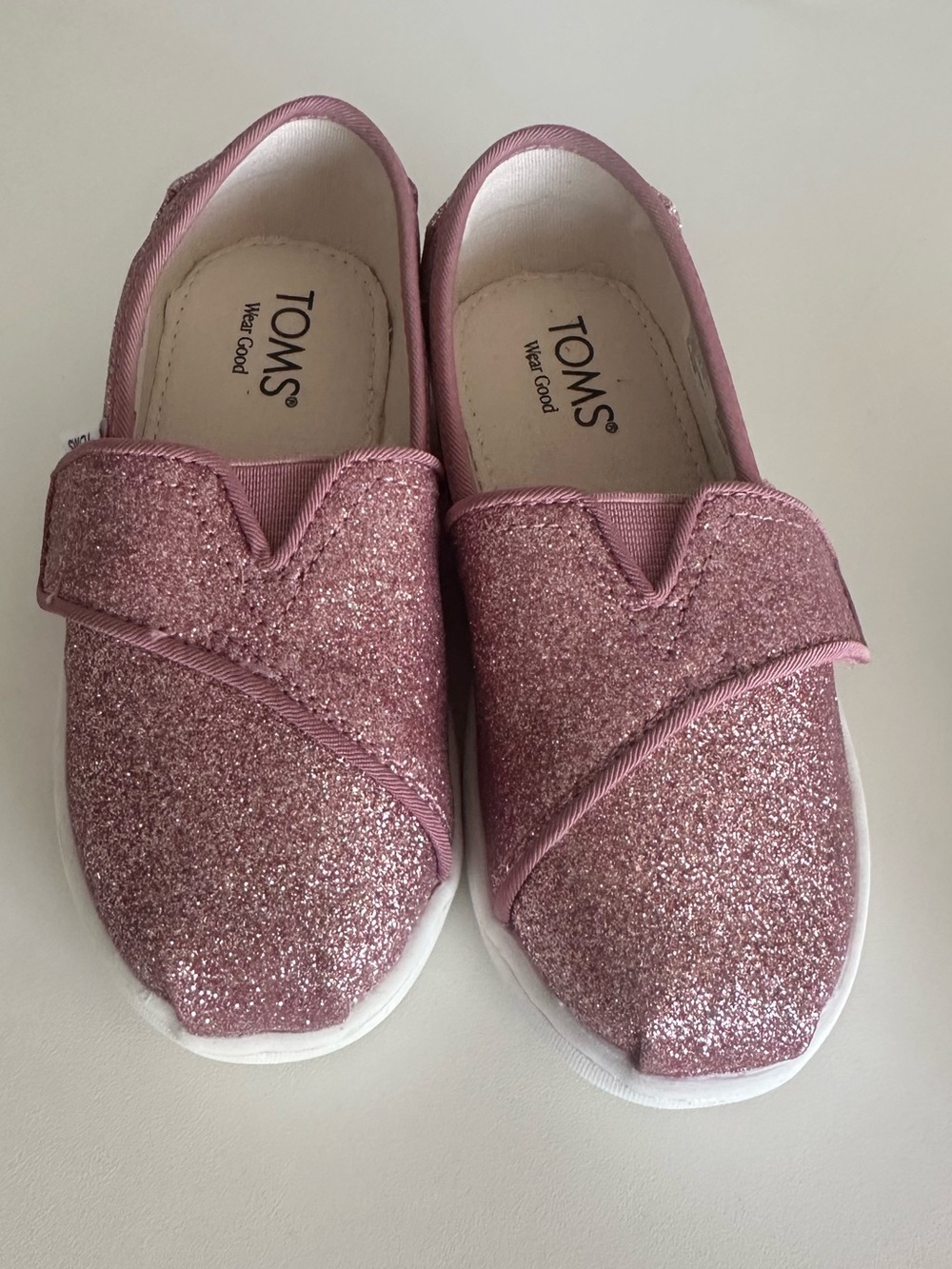 Toms Kids Glitter Hook-and-Loop slip ons — Rose Pink